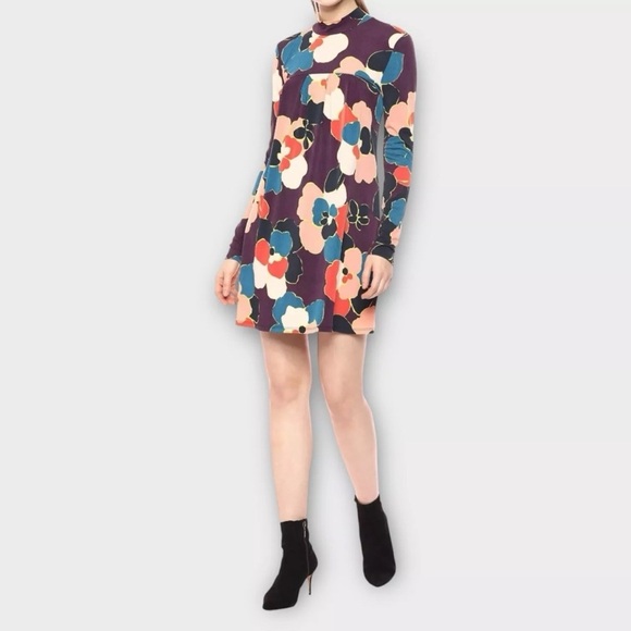 BCBGeneration Mock Neck Swing Mini Dress in Floral Print Pleated Women's Medium - Picture 1 of 7
